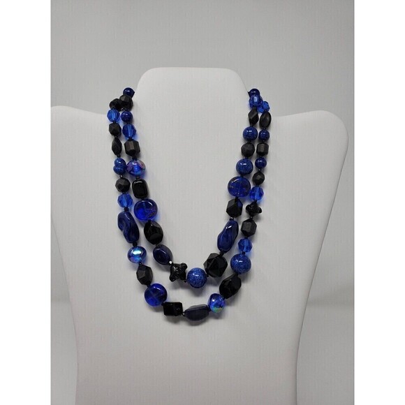 VINTAGE HATTIE CARNEGIE BLUE & BLACK MULTIPLE BEAD TWO STRAND NECKLACE SIGNED - Picture 1 of 12